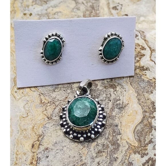 Sterling Silver Faceted Emerald Stud Earrings & Pendant Jewelry Set Dainty Boho - Picture 2 of 8